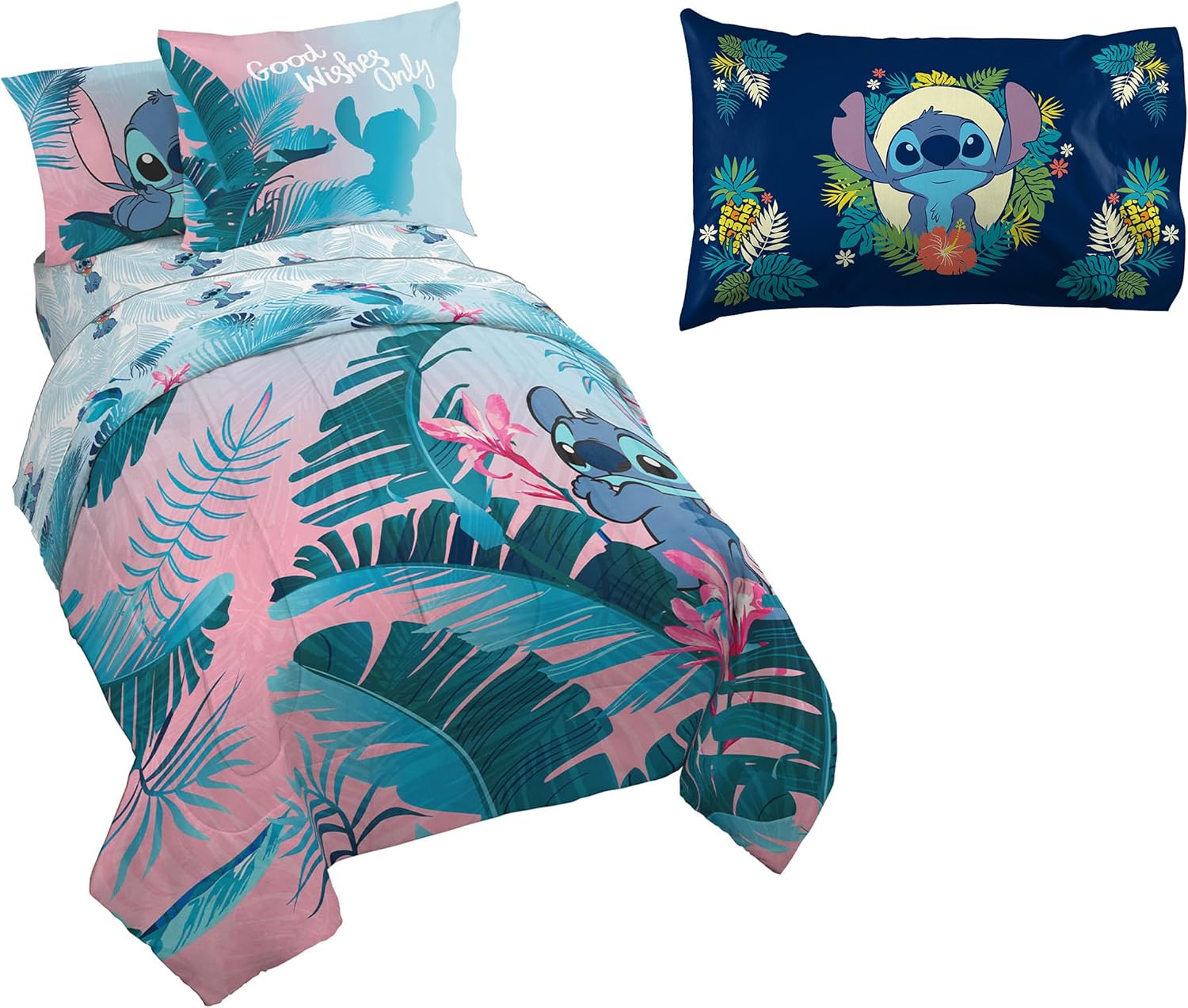 Jay Franco Lilo and Stitch Floral Fun Twin Bed Set and Hawaii Garden Pillowcase Bundle