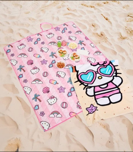 Hello Kitty Outdoor Picnic Blanket & Beach Towel Set – Zippered Travel Blanket with Carry Strap & Oversized Cotton Towel – 2-Piece Bundle