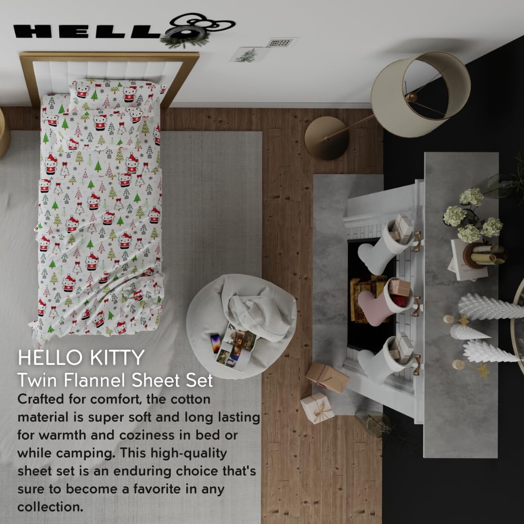 Franco Hello Kitty Holiday & Christmas Flannel Sheet Set – 100% Cotton, Super Soft, Twin