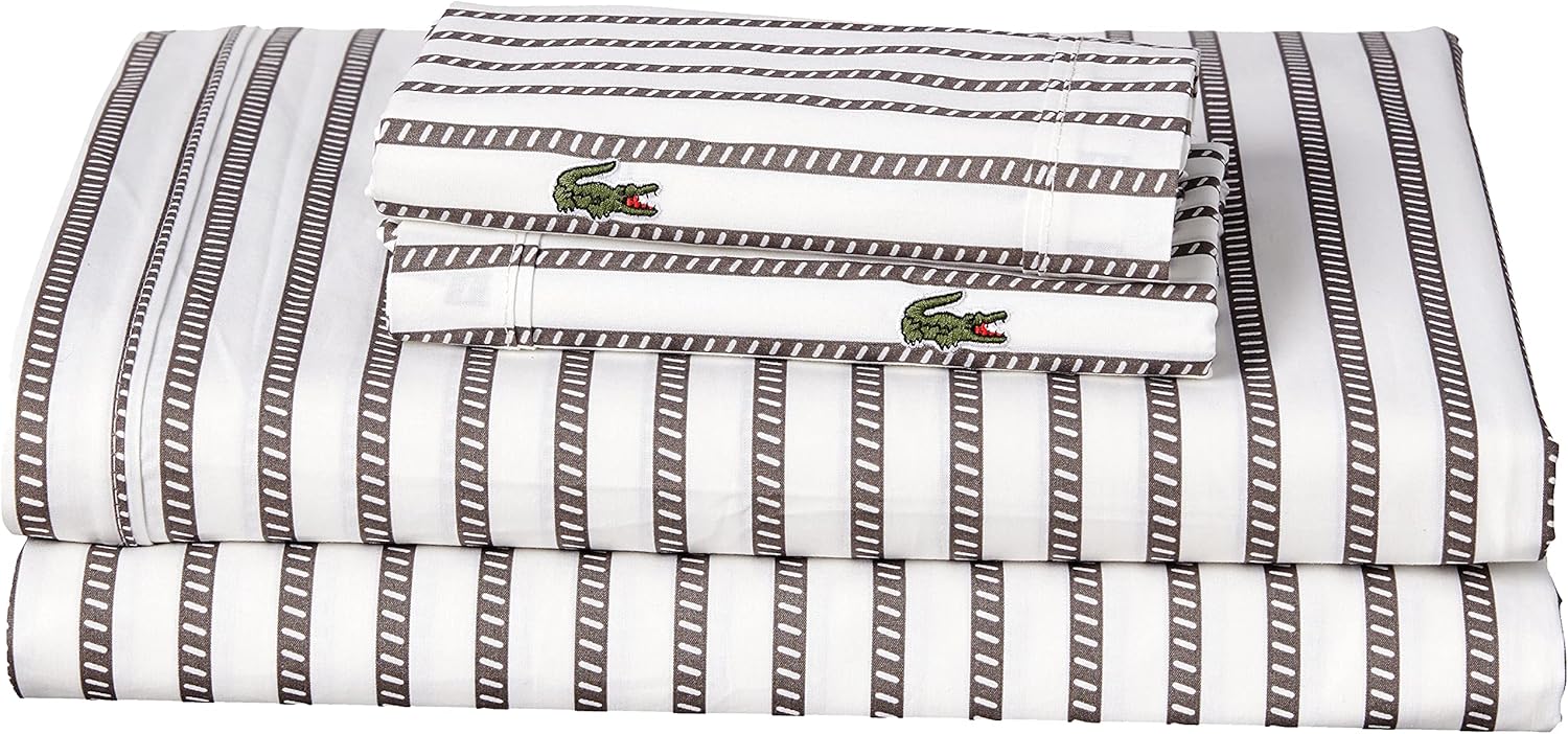 Lacoste 100% Cotton Percale Sheet Set – Full Size, Graphic Stripe Print, Dark Grey