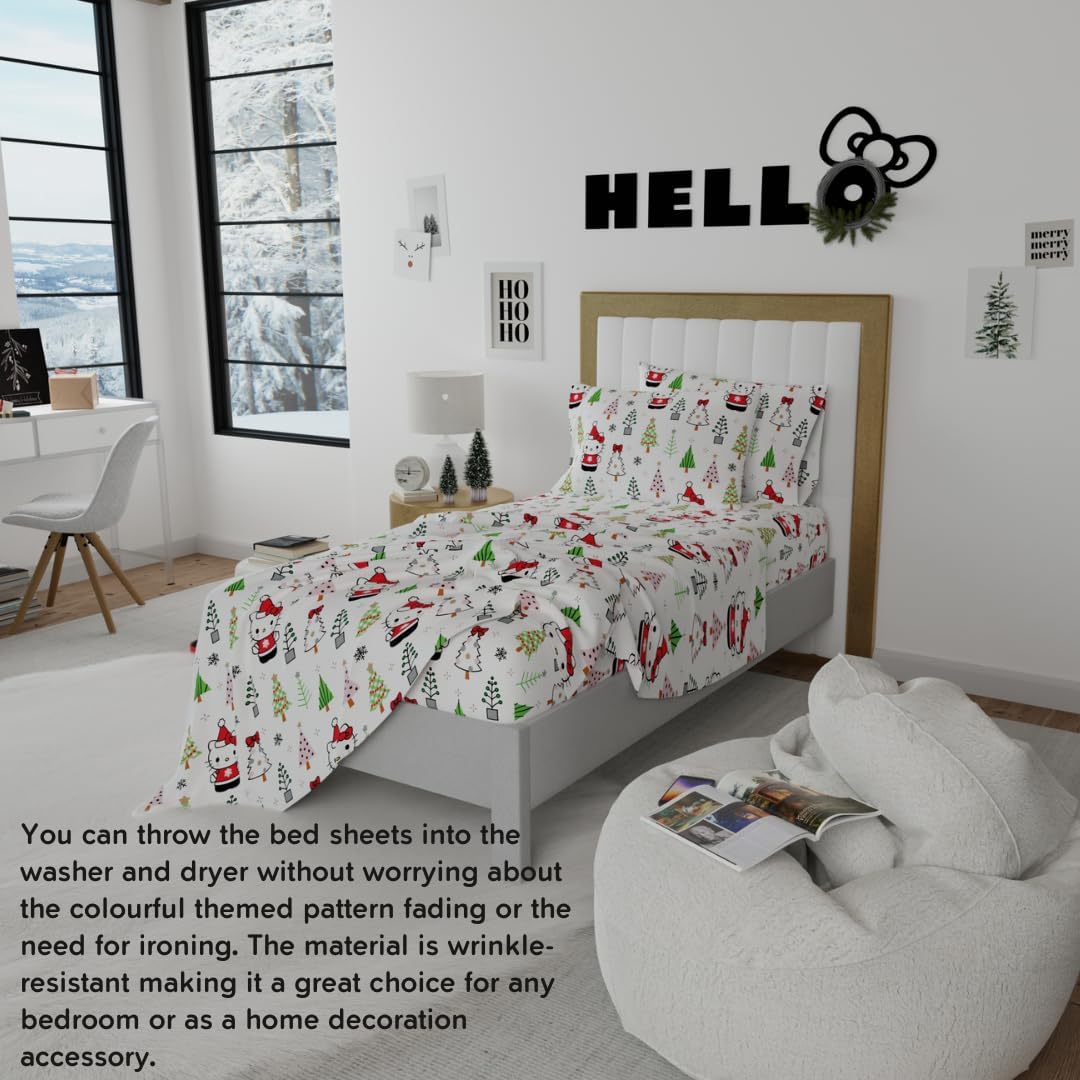 Franco Hello Kitty Holiday & Christmas Flannel Sheet Set – 100% Cotton, Super Soft, Twin
