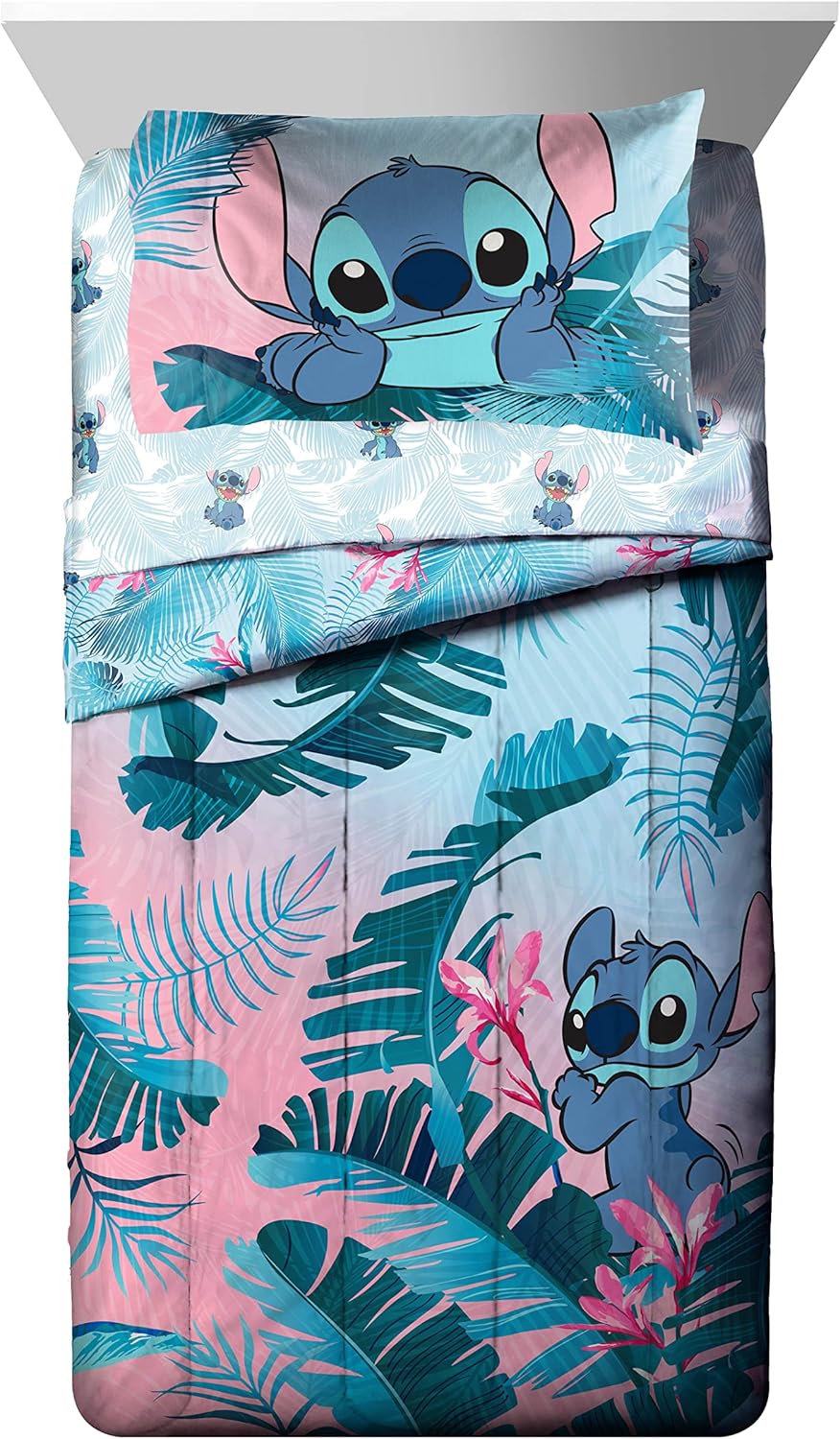 Jay Franco Lilo and Stitch Floral Fun Twin Bed Set and Hawaii Garden Pillowcase Bundle