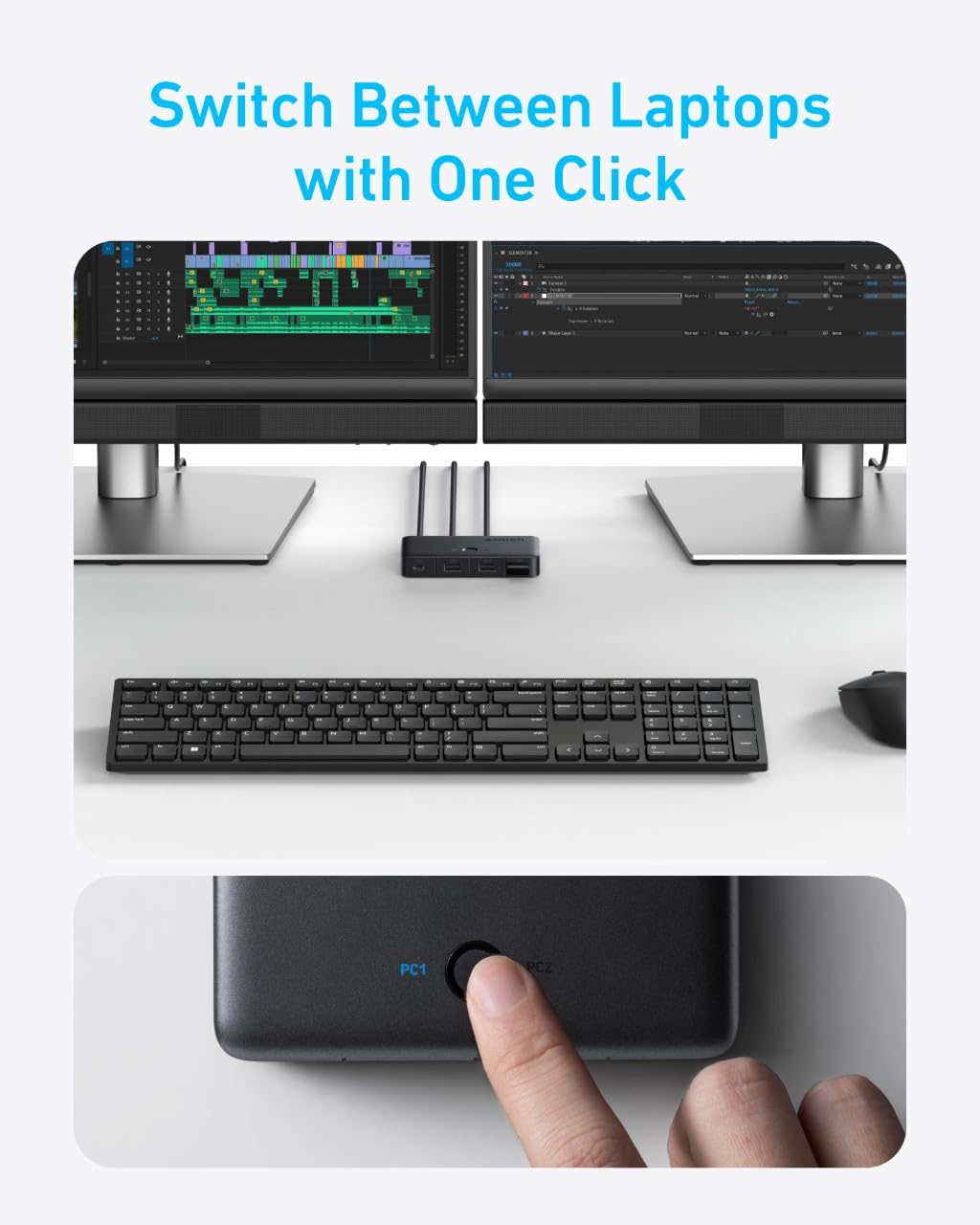 Anker USB 3.0 Switch – One-Click USB Sharing Switch for 2 Computers | 5Gbps Data Transfer | 3 USB Ports | USB-A 2-in-1 Cable | Compatible with Keyboard, Mouse, Printer, Laptop, Desktop