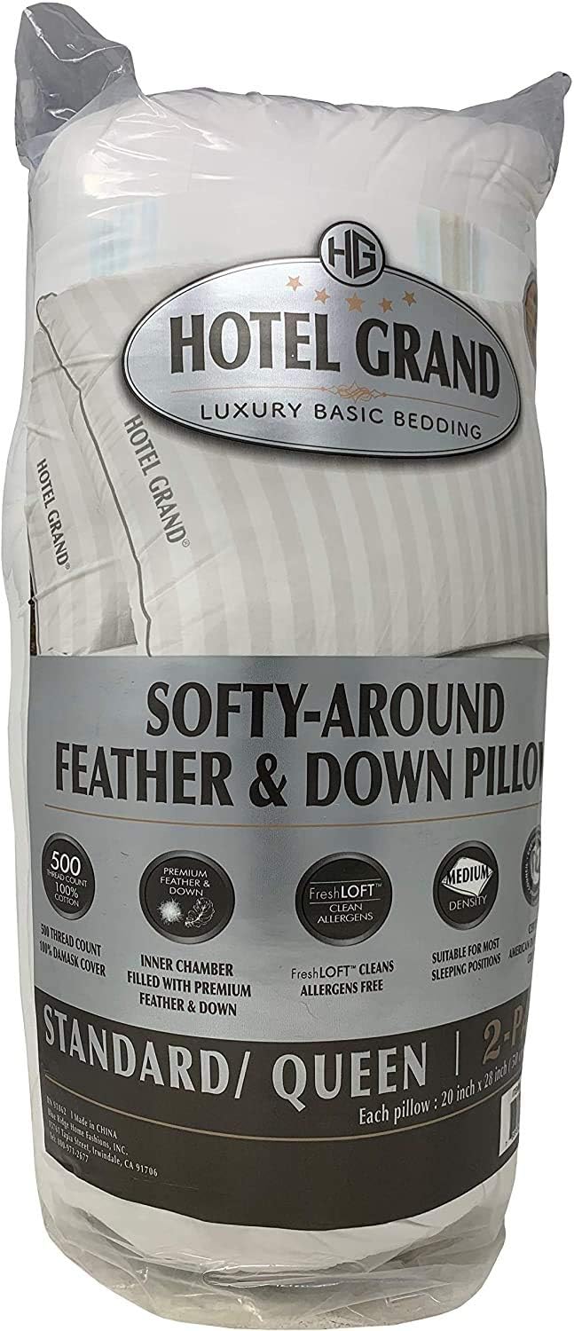 Hotel Grand Queen Bed Pillows – 100% Cotton, Feather Down (2 Pack)