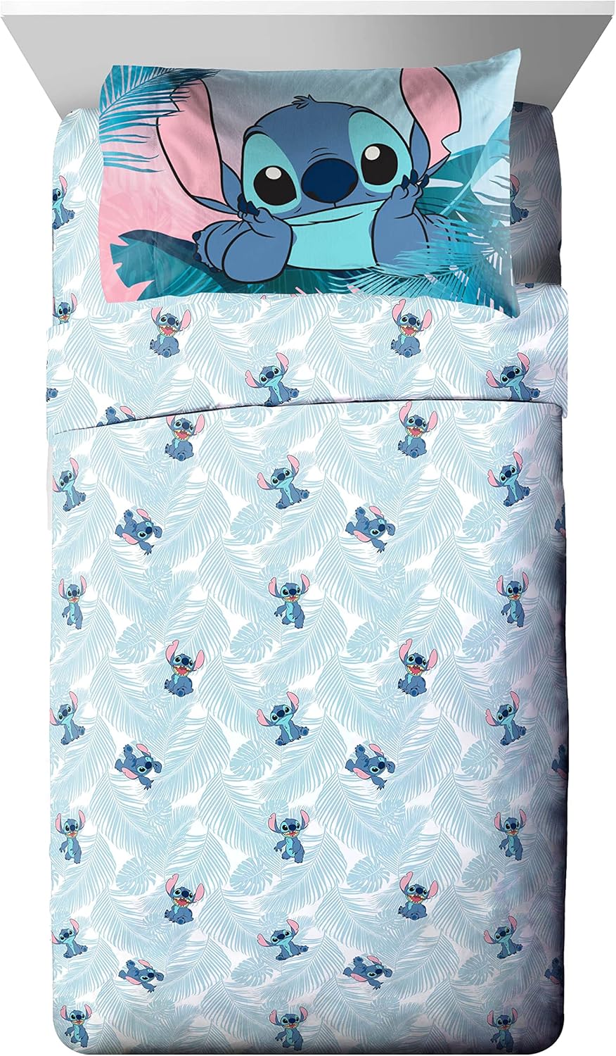 Jay Franco Lilo and Stitch Floral Fun Twin Bed Set and Hawaii Garden Pillowcase Bundle