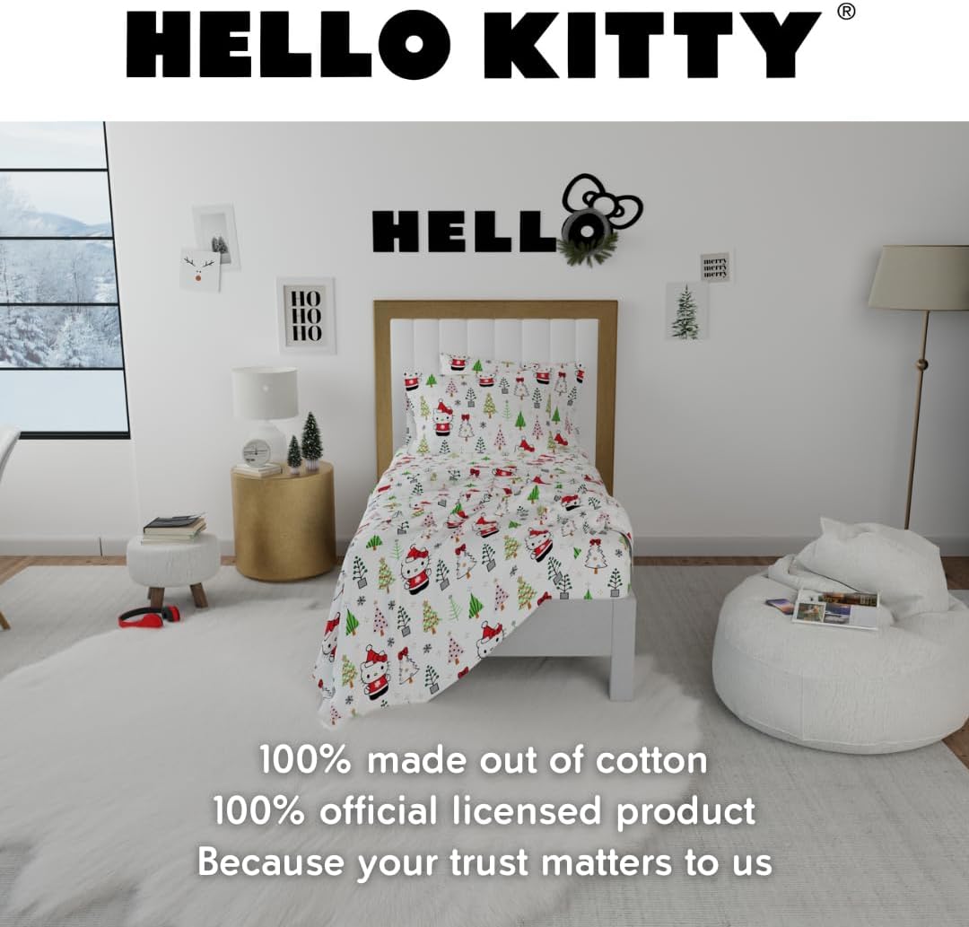 Franco Hello Kitty Holiday & Christmas Flannel Sheet Set – 100% Cotton, Super Soft, Twin