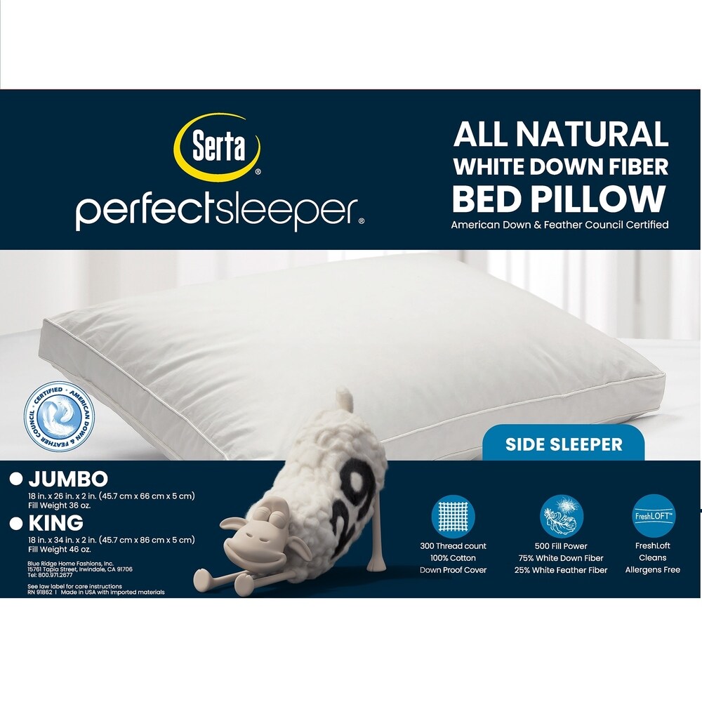 Serta® 300 Thread Count White Down Fiber Pillow – Hypoallergenic, Medium Firm for Side Sleepers