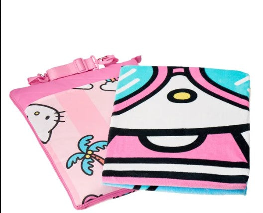 Hello Kitty Outdoor Picnic Blanket & Beach Towel Set – Zippered Travel Blanket with Carry Strap & Oversized Cotton Towel – 2-Piece Bundle
