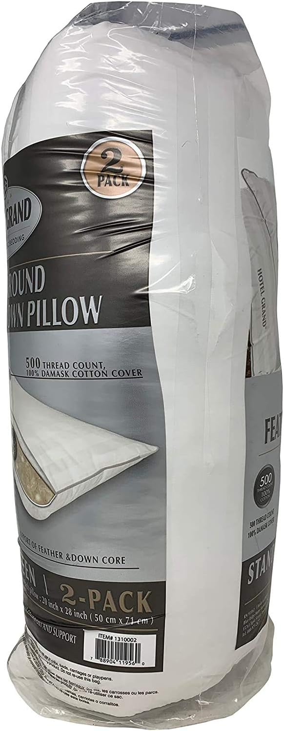 Hotel Grand Queen Bed Pillows – 100% Cotton, Feather Down (2 Pack)