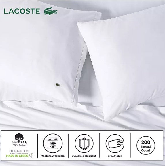 Lacoste 100% Cotton Percale Twin Sheet Set – 3-Piece, Lightweight & Wrinkle-Resistant, White
