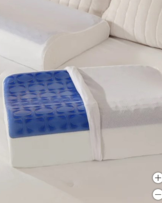 Sealy cooling contour pillow on bed, close-up of cooling gel layer, ergonomic memory foam pillow side view, pillow with washable cover removed, neck support Sealy pillow in white