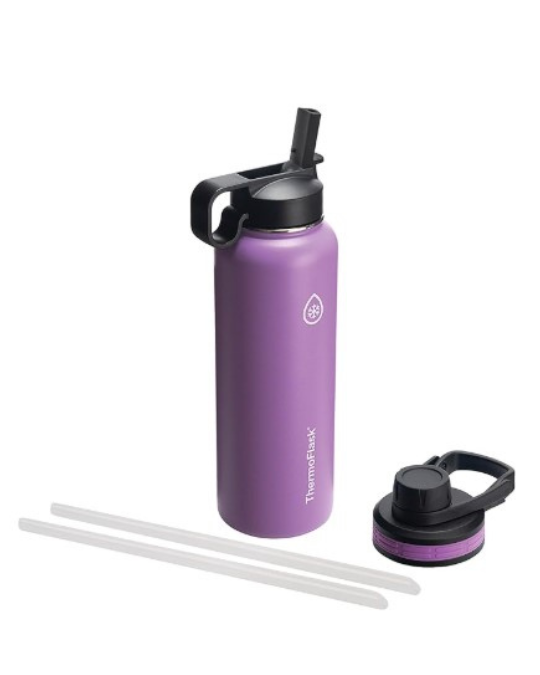 ThermoFlask 40oz water bottle plum color, insulated stainless steel water bottle with lids, vacuum sealed water bottle for travel, BPA-free 40oz water bottle, ThermoFlask bottle with straw and spout lids