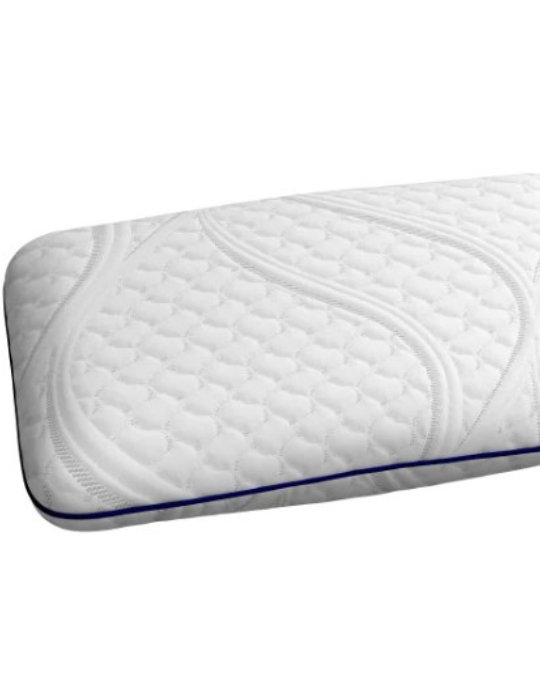 Novaform queen size gel memory foam pillow on bed, close-up of cooling quilted pillow cover, side view of medium support memory foam pillow, pillow with removable machine washable zip cover, Novaform pillow with antimicrobial treatment tag