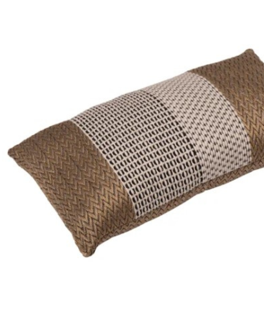 Brentwood Raffia pillow on outdoor patio chair, close-up of weather-resistant polyester fabric, UV-resistant decorative pillow in vibrant design, side view of thick 20x20 Raffia pillow, indoor setting with Brentwood Originals throw pillow