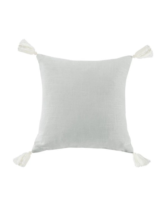 washed linen tassel pillow, 18 inch decorative throw pillow, farmhouse linen pillow with tassels, neutral square bed pillow, linen blend tassel accent pillow