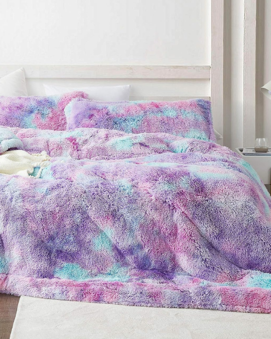 unicorn dreamz oversized comforter starburst rainbow, plush tie dye bedding with pillow shams, coma inducer colorful queen comforter set, fluffy rainbow oversized comforter, ultra soft pink purple turquoise bedding set