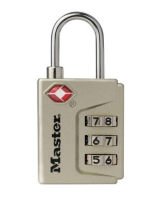 Master Lock TSA luggage lock, TSA-approved 3-dial lock, nickel finish travel lock, secure travel luggage lock, set-your-own combo TSA lock