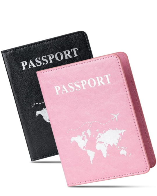 black PU leather passport cover, pink slim passport holder, waterproof travel wallet, passport wallet for couples, 2 pcs passport cover set