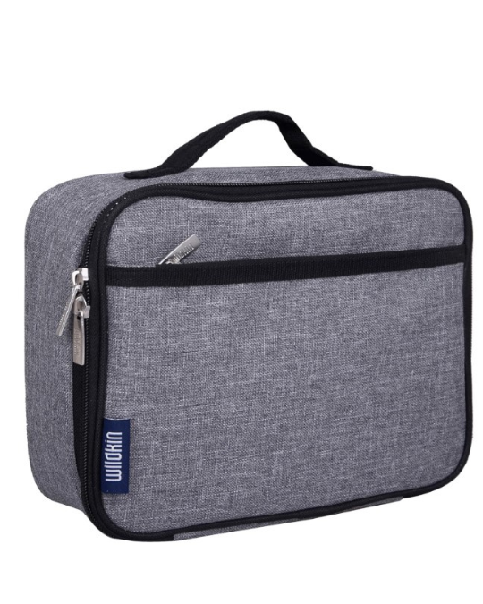 Wildkin gray tweed insulated lunch box, eco-friendly kids lunch bag, BPA-free reusable lunch container, stylish lunch tote for adults, insulated lunch bag with pockets
