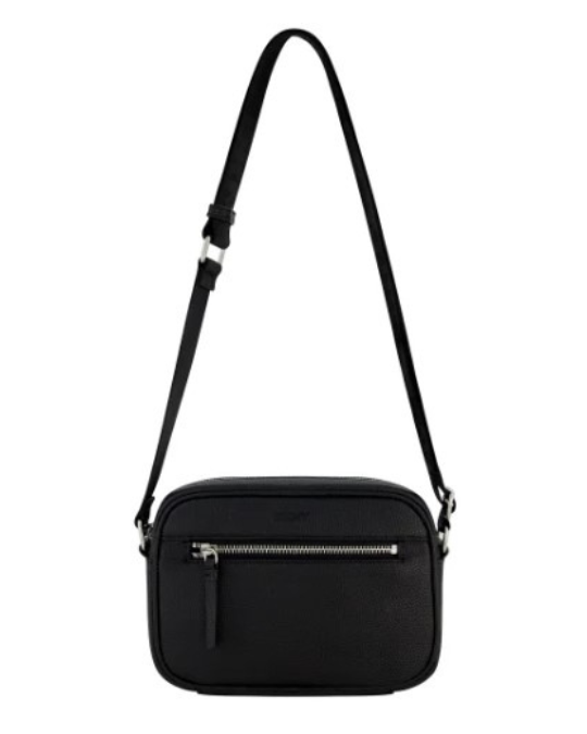 DKNY women's crossbody bag black, DKNY adjustable strap purse, DKNY designer crossbody with logo, black pebble texture DKNY bag, DKNY crossbody front zip pocket