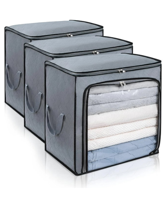 100L large bedding storage bags set of 3, foldable closet organizer for clothes and blankets, reinforced handle storage bags with clear window, under bed storage bag for bedding and comforters, dust-proof moisture-resistant storage organizer