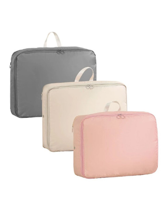 space-saving compression storage bags set of 3, foldable bedding and clothes organizer bags, reinforced handle compression bags for blankets, vacuum-free compression storage for travel and home, durable polyester storage bags for comforters and clothes