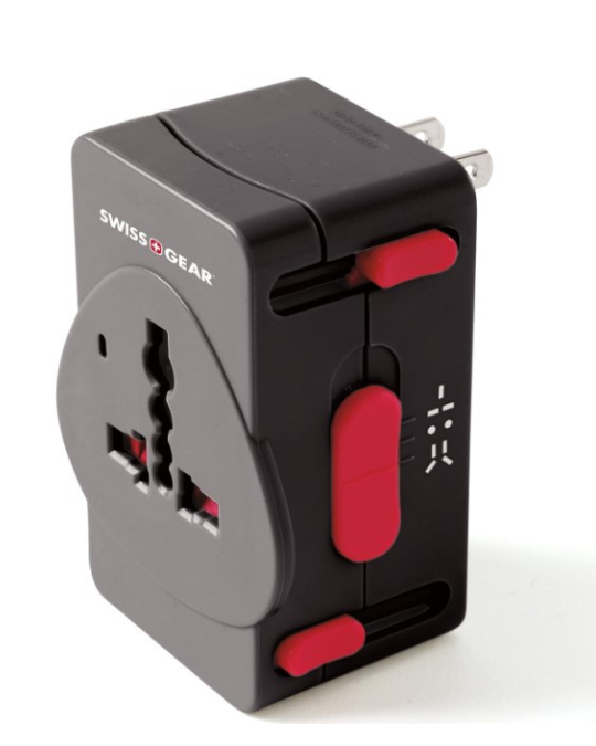 SwissGear Worldwide Plug Travel Adapter in Black – Compact all-in-one design with safety lock and surge protection for 150+ countries