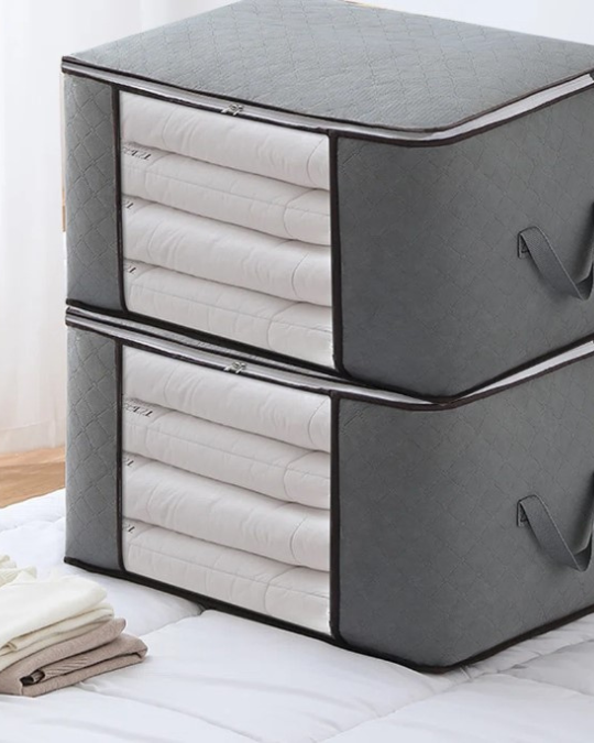 large fabric bedding storage bag set, comforter and blanket organizer 90L, under bed bedding storage bag, foldable fabric comforter organizer, breathable fabric bedding storage bin