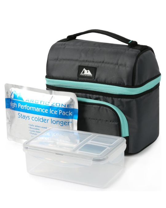 high performance insulated lunch bucket, dual compartment lunch cooler, leak-proof lunch bag with ice pack, lunch bucket with microban lining, premium insulated lunch bag