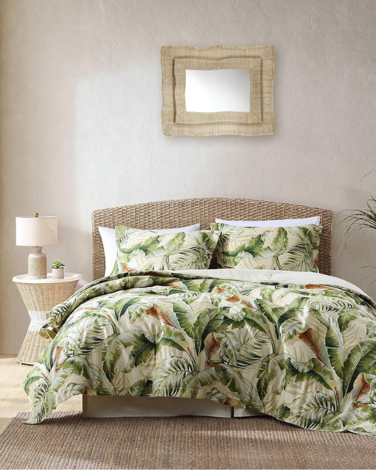 tropical palm print king comforter set, Tommy Bahama Palmiers king bedding, luxury cotton sateen tropical comforter, king bed skirt with split corners, premium palm print bedding set