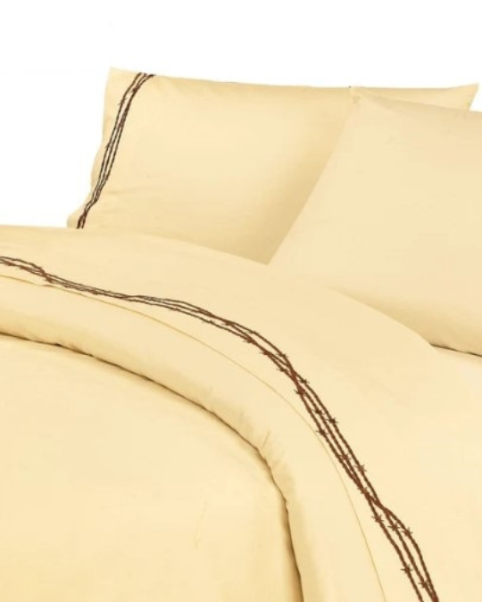 arbwire embroidered sheet set, western style cotton sheets, rustic embroidered bed sheets, 350 thread count chocolate sheet set, cream barbwire motif sheets