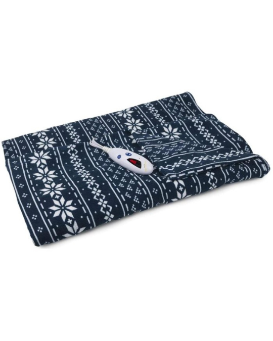 Navy Fair Isle Biddeford Microplush Electric Heated Throw Blanket – Soft polyester, 6 heat settings, auto shut-off, machine washable, 50 x 60 inches