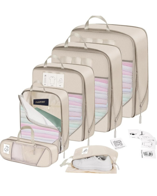 expandable compression packing cubes beige set, lightweight packing cubes for travel, 6-piece travel organizers for luggage, durable beige packing cubes set, compression cubes for suitcase and carry-on