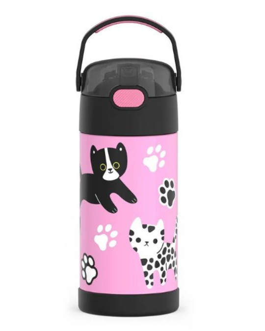 FUNtainer 12oz kittens design, Thermos kids water bottle, stainless steel kids bottle, leak-proof straw bottle for children, insulated bottle for school
