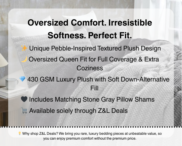 Stone gray oversized queen comforter with plush pebble texture Coma Inducer oversized queen bedding set with matching pillow shams Luxury plush pebble-inspired comforter for queen bed