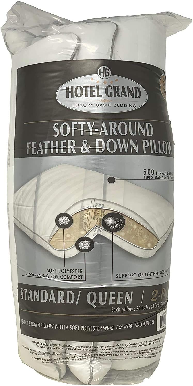 Hotel Grand Queen Bed Pillows – 100% Cotton, Feather Down (2 Pack)