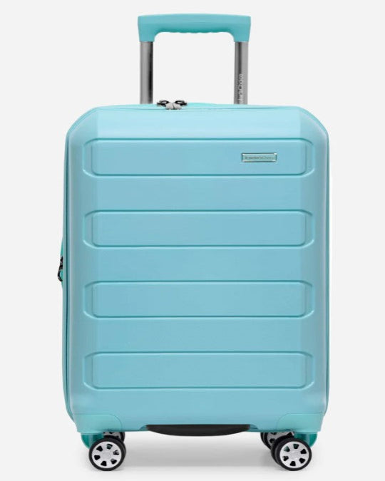 Pagosa 37L carry-on bag with 360-degree spinner wheels, Organized interior of expandable carry-on luggage with straps, Blue hardshell spinner suitcase with USB charging port