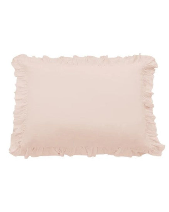 Standard linen ruffled pillow sham in farmhouse-style bedding, 21x27 inch romantic pillow cover with delicate ruffles HiEnd Accents Lily washed linen sham on white bedding