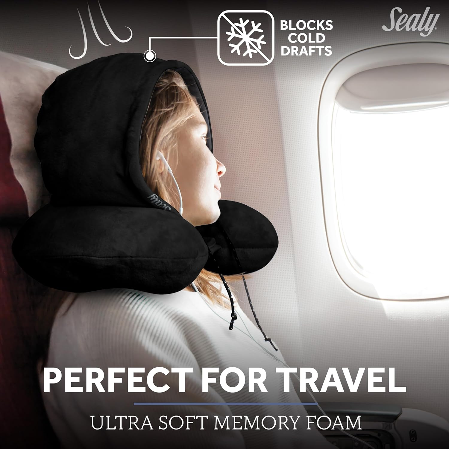 Sealy Memory Foam Hoodie Travel Pillow – Premium Neck Support with Built-In Hood One Size