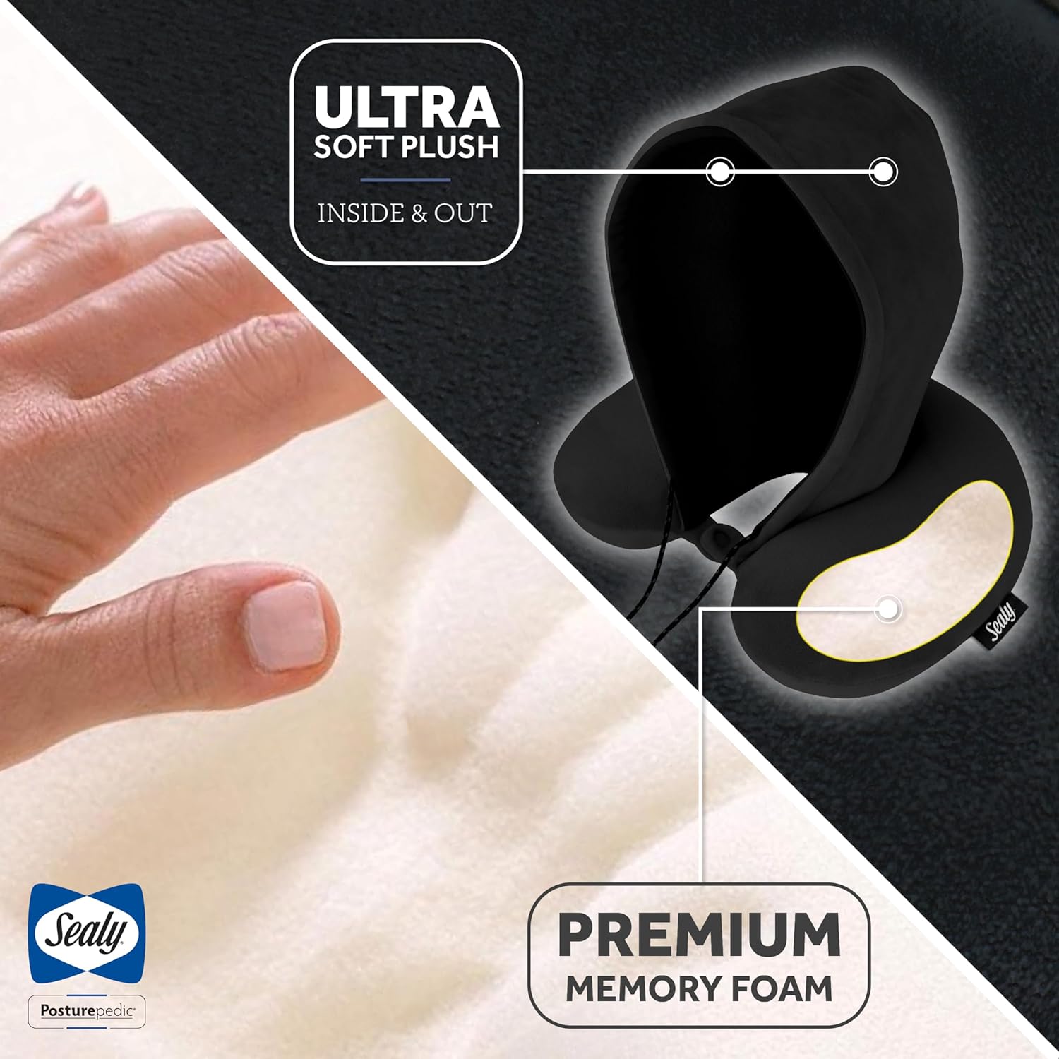 Sealy Memory Foam Hoodie Travel Pillow – Premium Neck Support with Built-In Hood One Size