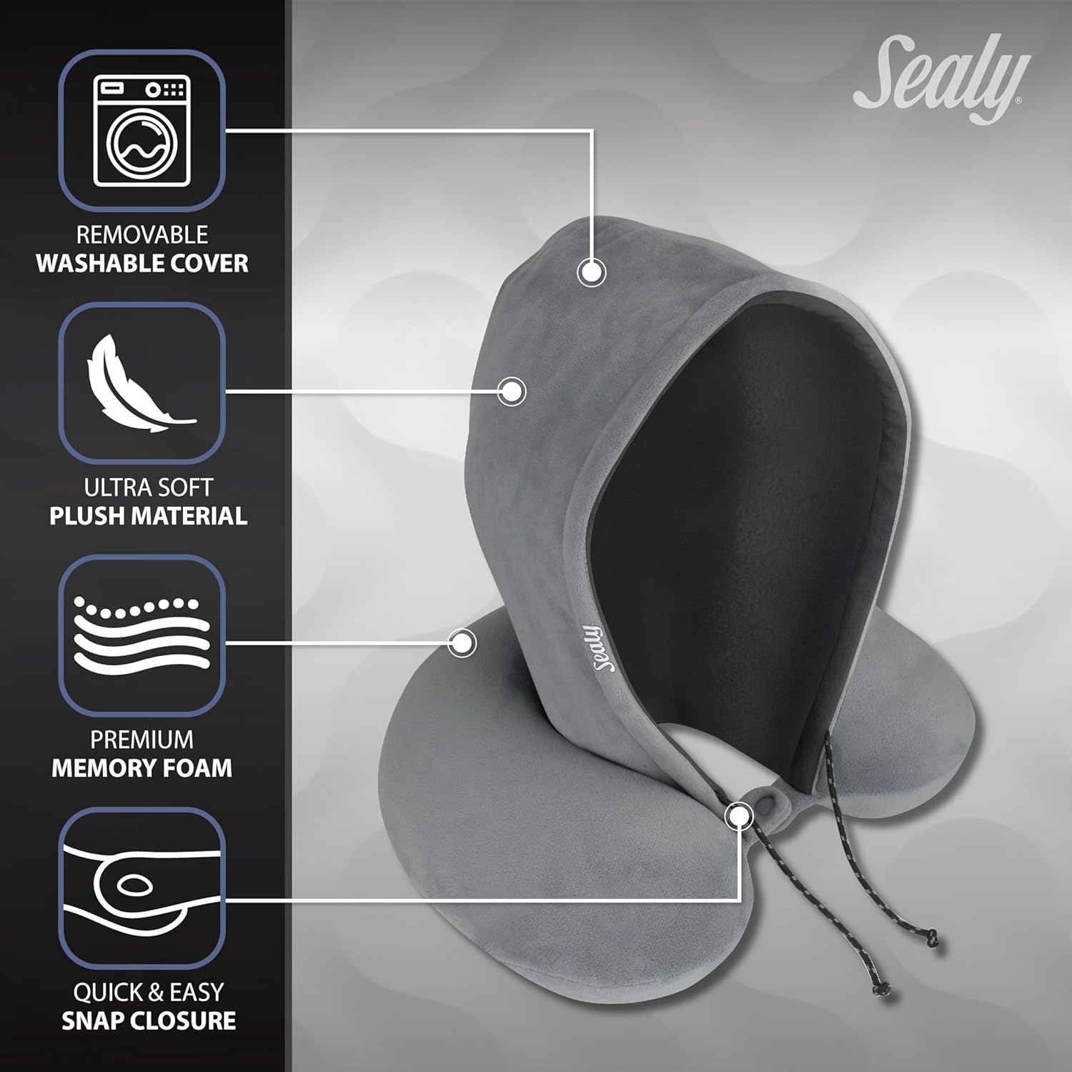 Sealy Memory Foam Hoodie Travel Pillow – Premium Neck Support with Built-In Hood One Size