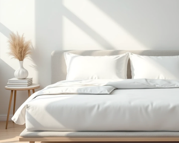 Modern bed setup with soft pillows and premium mattress, Comfortable bed featuring plush pillows and supportive mattress, Minimalist bedroom with neatly arranged pillows and exposed mattress, Cozy bed with layered pillows and a high-quality mattress, Crisp bedding on bed with fluffed pillows and sleek mattress design