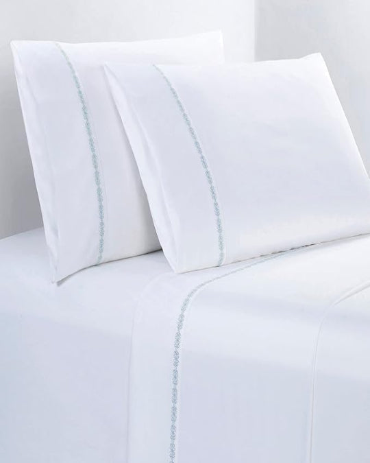 White cotton sheet set with embroidered laurel border, Hotel-style 350TC cotton sheet set with pillowcases, Elegant embroidered border full cotton bedding set, HiEnd Accents white sheet set with minimal blue stitching, Soft 100% cotton bedding with classic laurel embroidery