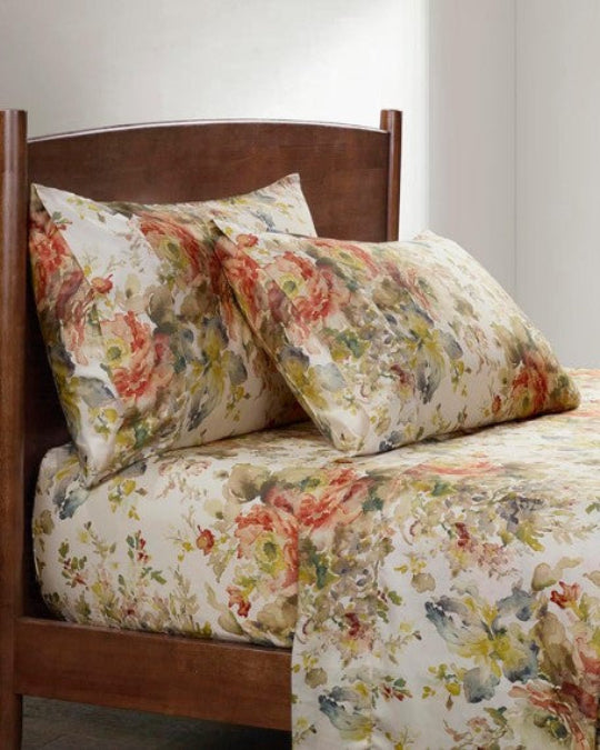 Jardin Super King floral lyocell sheet set on bed, Soft and silky botanical rose print bedding for women, Cottage-style pink floral bed sheets with pillowcases, Hypoallergenic lyocell sheet set with watercolor flowers, Feminine floral bedding in super king size with silky finish