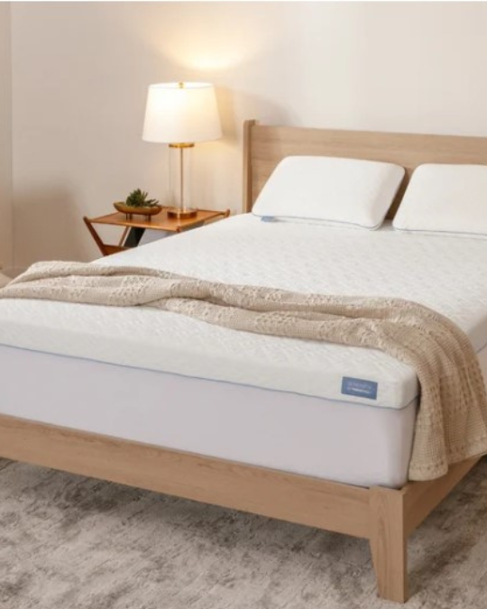 Tempur-Pedic Serenity 3-inch memory foam topper on queen bed, breathable stretch-knit cover close-up, side view of 3-inch Tempur topper on mattress, topper with removable machine washable cover, premium foam layer detail of Tempur mattress topper