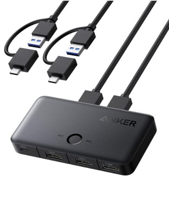 Anker USB 3.0 Switch – One-Click USB Sharing Switch for 2 Computers | 5Gbps Data Transfer | 3 USB Ports | USB-A 2-in-1 Cable | Compatible with Keyboard, Mouse, Printer, Laptop, Desktop