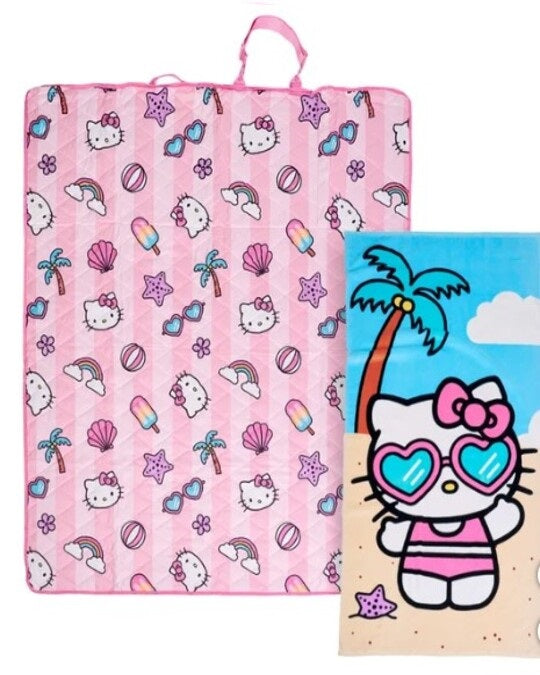 Hello Kitty Outdoor Picnic Blanket & Beach Towel Set – Zippered Travel Blanket with Carry Strap & Oversized Cotton Towel – 2-Piece Bundle