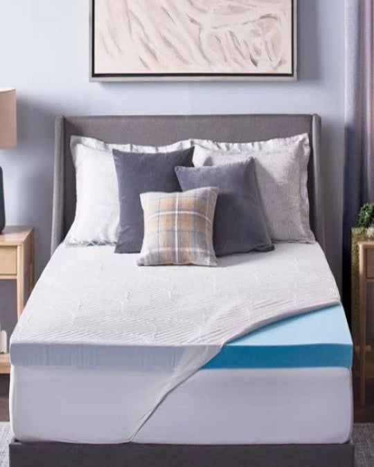 Novaform ComfortLuxe gel memory foam mattress topper on queen bed, Close-up of cool-to-touch stretch cover texture, Side view showing 3-inch topper thickness, Mattress topper with elastic fitted cover on bed, Top-down view of Novaform topper laid flat on king mattress