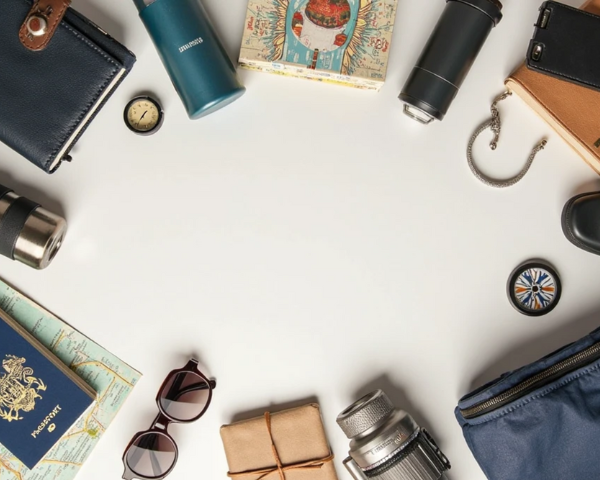 Travel essentials including mug, travel bag, and passport laid out neatly, Modern travel setup with colorful mugs, bags, and a passport, Flat lay of travel accessories mugs, bags, and passport ready for adventure, Stylish travel gear featuring insulated mugs, compact bags, and a passport, Essentials for modern travelers: travel mug, backpack, and passport on display