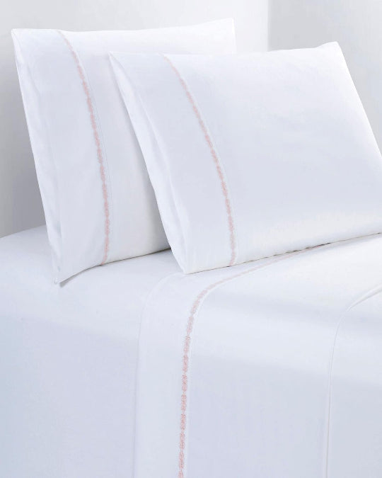 White cotton sheet set with embroidered laurel border, Hotel-style 350TC cotton sheet set with pillowcases, Elegant embroidered border full cotton bedding set, HiEnd Accents white sheet set with minimal blue stitching, Soft 100% cotton bedding with classic laurel embroidery
